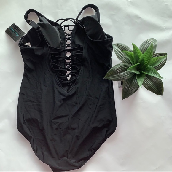 Aqua Green Black Strappy One Piece Swimsuit - Picture 8 of 9